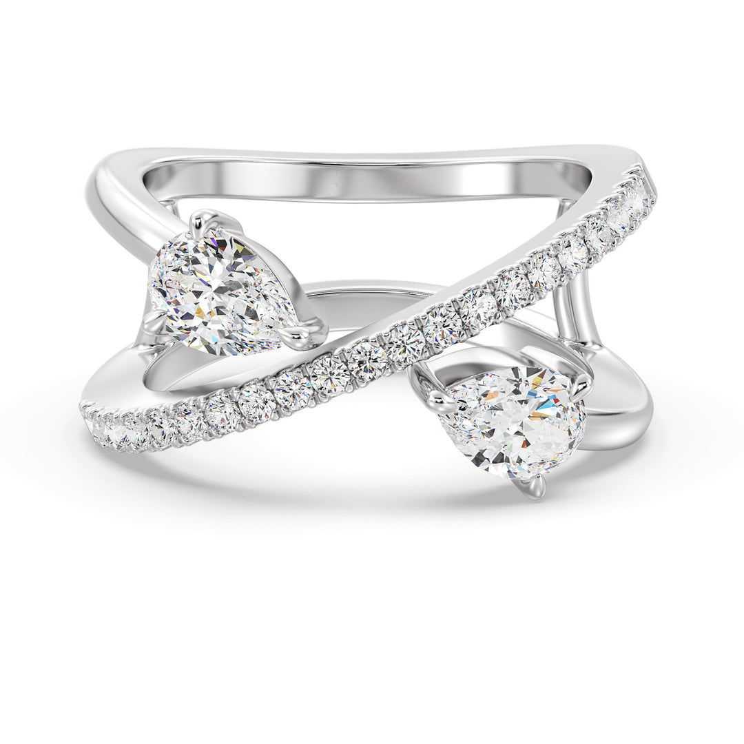 Elegant Pear-Shaped Lab-Grown Diamond Dual-Stone Twisted Ring in 18K White Gold with two 0.50-carat pear-cut diamonds and 21 brilliant round-cut side stones