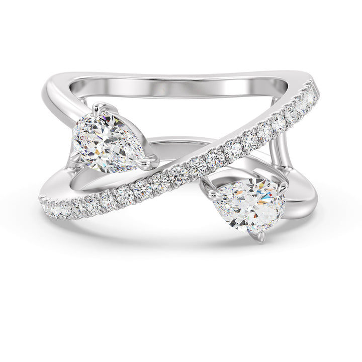 Elegant Pear-Shaped Lab-Grown Diamond Dual-Stone Twisted Ring in 18K White Gold with two 0.50-carat pear-cut diamonds and 21 brilliant round-cut side stones