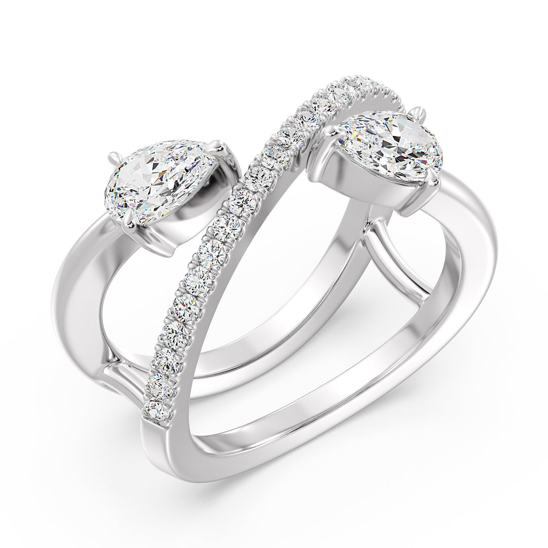 Elegant Pear-Shaped Lab-Grown Diamond Dual-Stone Twisted Ring in 18K White Gold with two 0.50-carat pear-cut diamonds and 21 brilliant round-cut side stones