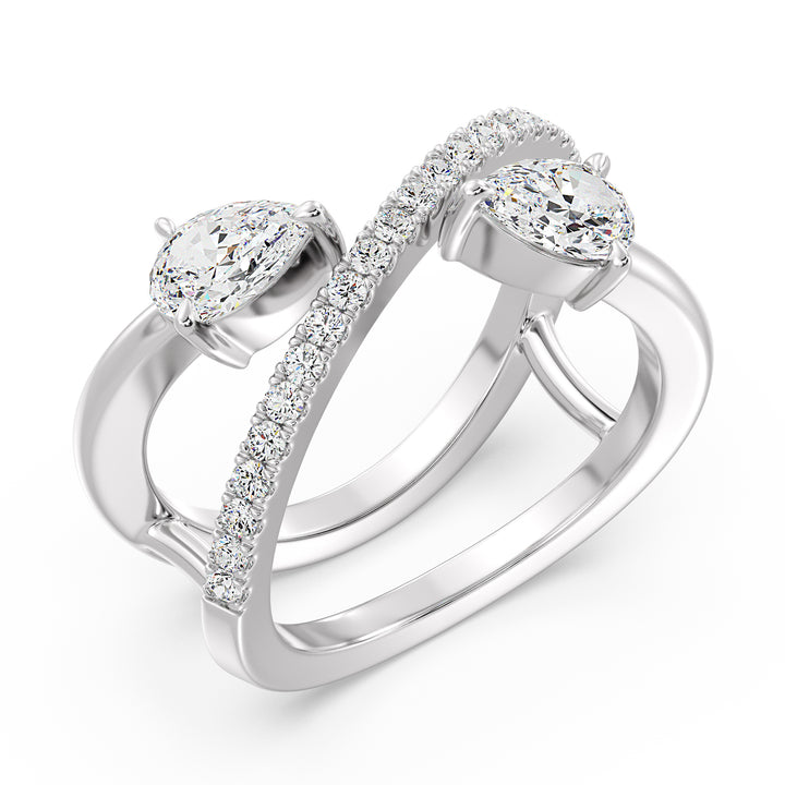 Elegant Pear-Shaped Lab-Grown Diamond Dual-Stone Twisted Ring in 18K White Gold with two 0.50-carat pear-cut diamonds and 21 brilliant round-cut side stones