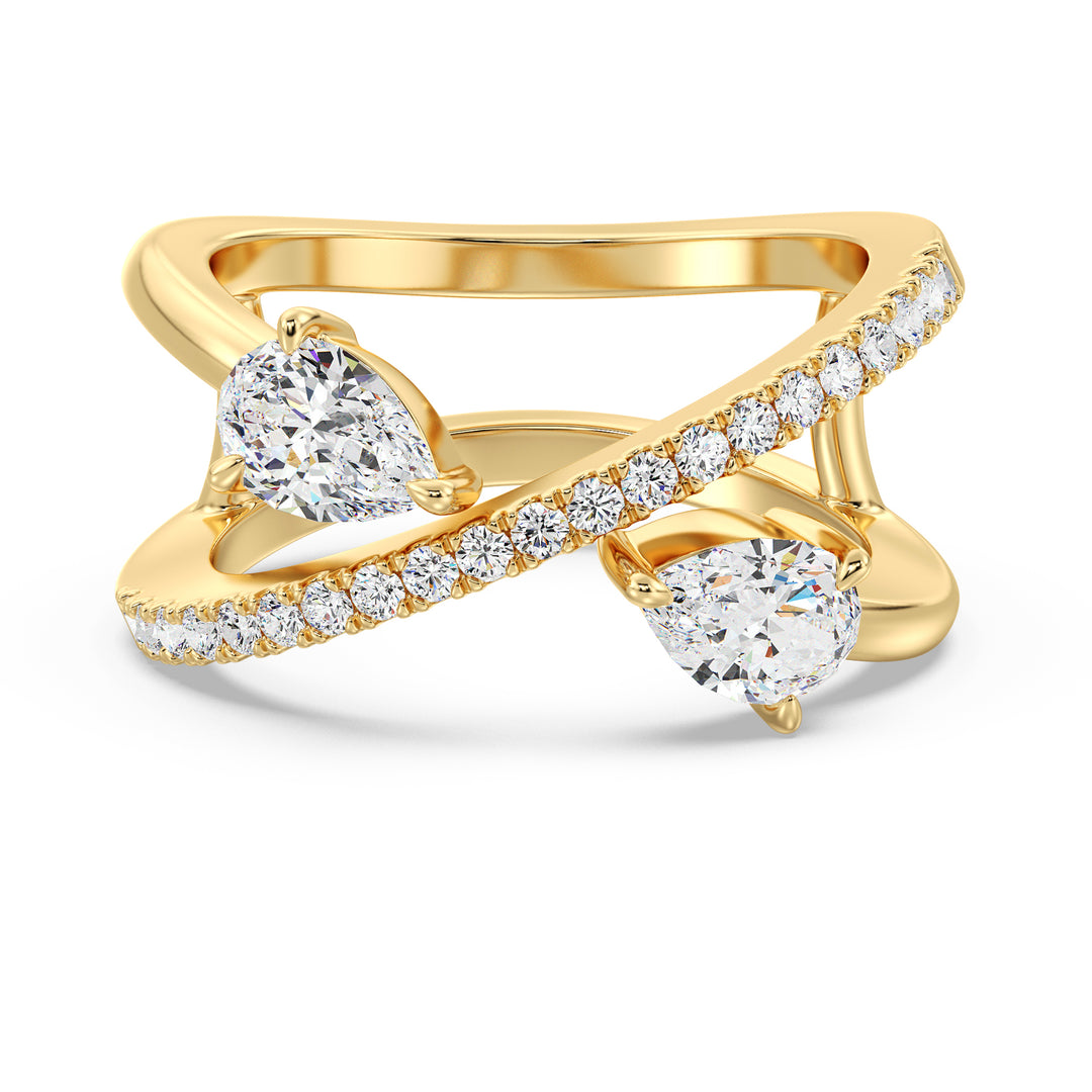 Elegant Pear-Shaped Lab-Grown Diamond Dual-Stone Twisted Ring in 18K Yellow Gold, featuring two 0.50-carat pear-cut diamonds and 21 round-cut side stones
