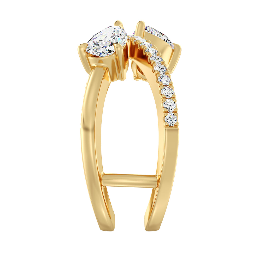 Elegant Pear-Shaped Lab-Grown Diamond Dual-Stone Twisted Ring in 18K Yellow Gold, featuring two 0.50-carat pear-cut diamonds and 21 round-cut side stones