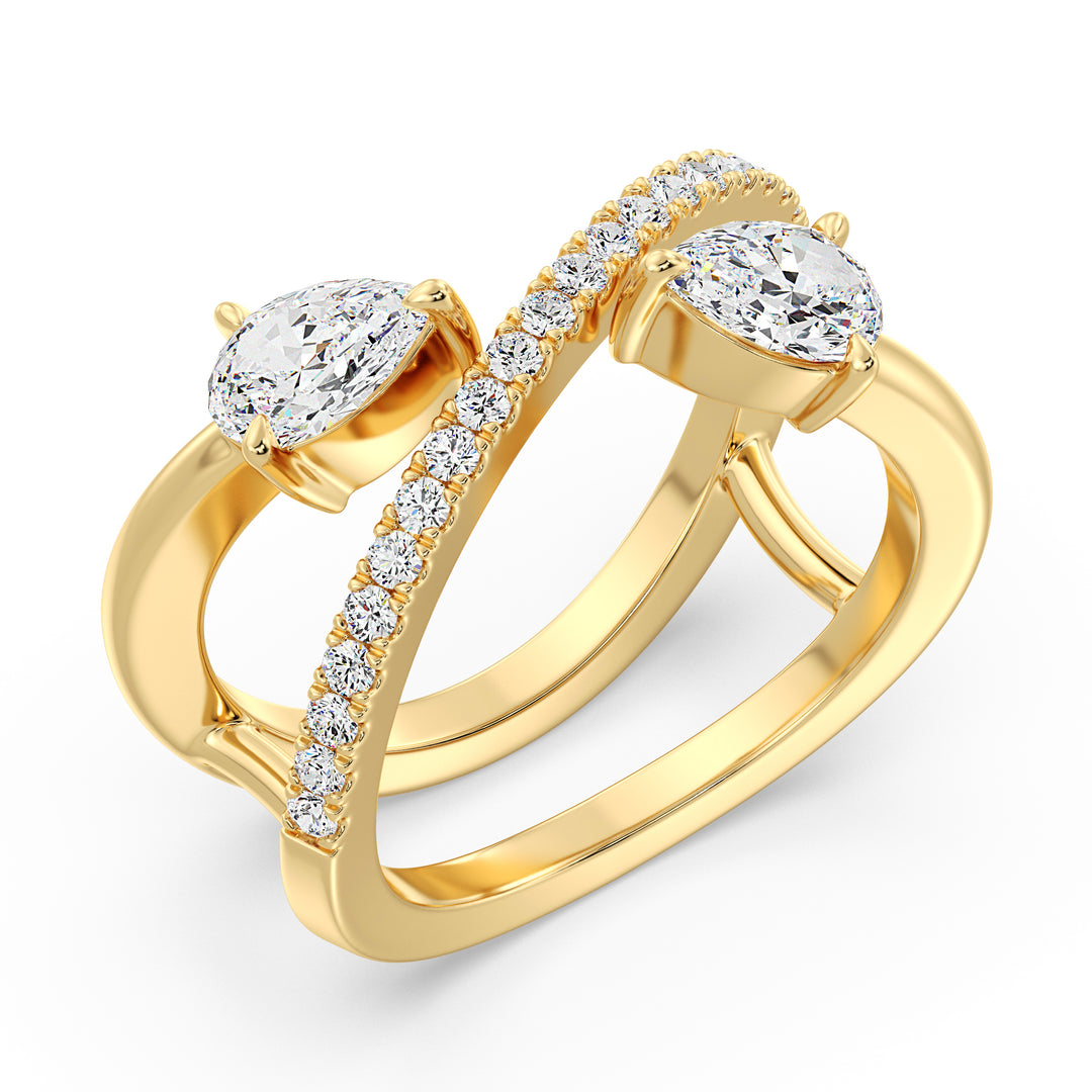 Elegant Pear-Shaped Lab-Grown Diamond Dual-Stone Twisted Ring in 18K Yellow Gold, featuring two 0.50-carat pear-cut diamonds and 21 round-cut side stones
