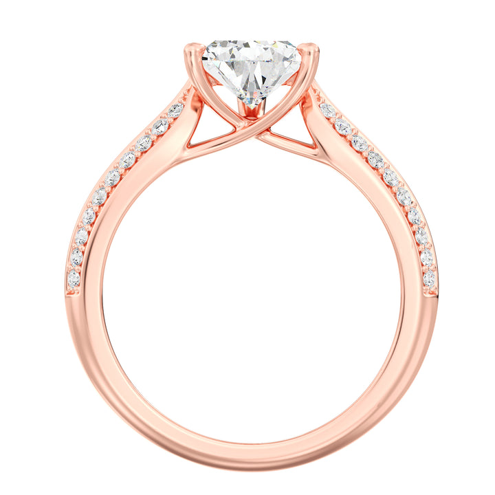 Elegant pear-cut lab-grown diamond engagement ring with pavé band in 18K rose gold, showcasing a dazzling pear-cut center stone and sparkling round lab-grown diamonds