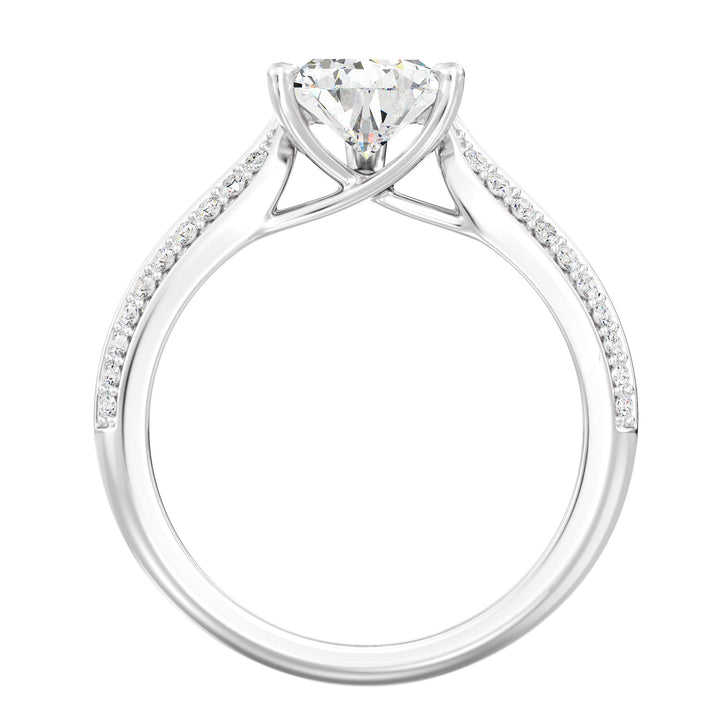 Elegant pear-cut lab-grown diamond engagement ring with pavé band in 18K white gold, highlighted by a stunning pear-cut center stone and shimmering round lab-grown diamonds.