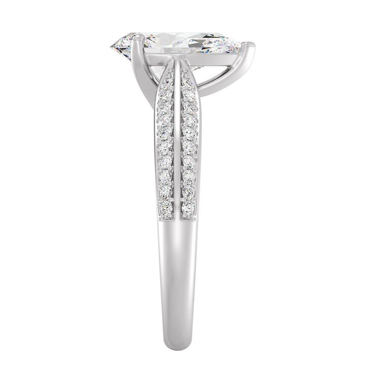 Elegant pear-cut lab-grown diamond engagement ring with pavé band in 18K white gold, highlighted by a stunning pear-cut center stone and shimmering round lab-grown diamonds.