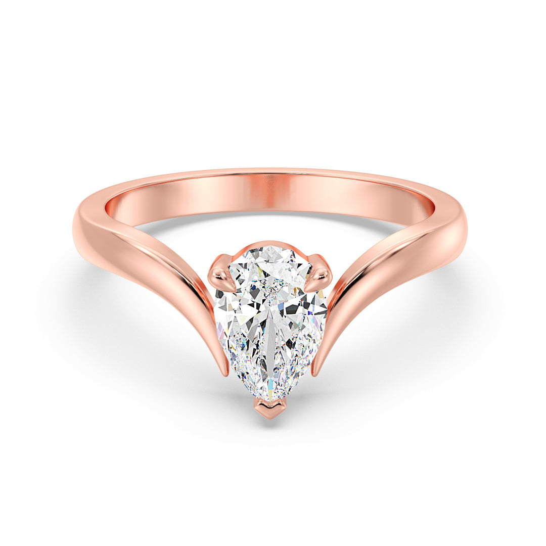 Elegant Pear-Cut Lab-Grown Diamond Solitaire Ring with Curved V-Shaped Band in 18K Rose Gold, featuring a modern and romantic design