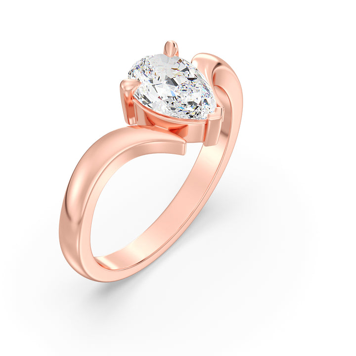 Elegant Pear-Cut Lab-Grown Diamond Solitaire Ring with Curved V-Shaped Band in 18K Rose Gold, featuring a modern and romantic design