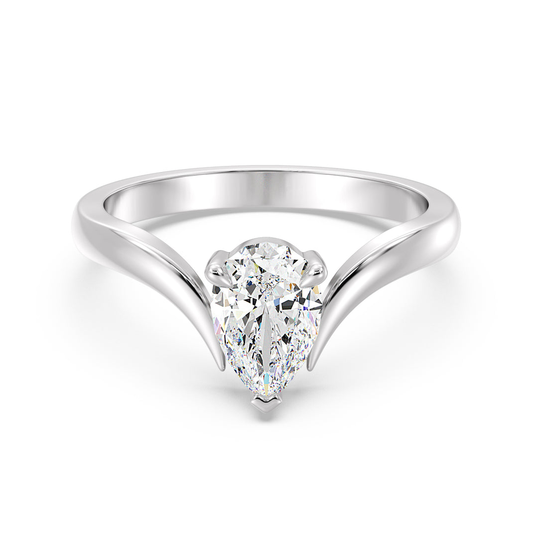 Elegant Pear-Cut Lab-Grown Diamond Solitaire Ring with Curved V-Shaped Band in 18K White Gold, exuding classic sophistication and shine