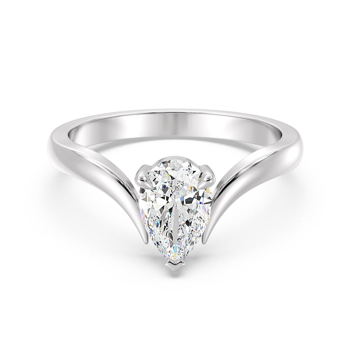 Elegant Pear-Cut Lab-Grown Diamond Solitaire Ring with Curved V-Shaped Band in 18K White Gold, exuding classic sophistication and shine