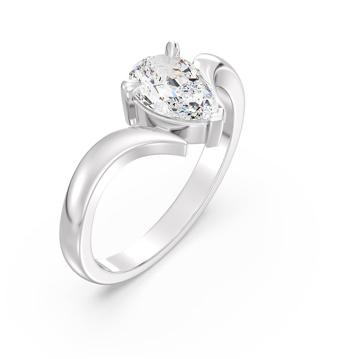 Elegant Pear-Cut Lab-Grown Diamond Solitaire Ring with Curved V-Shaped Band in 18K White Gold, exuding classic sophistication and shine