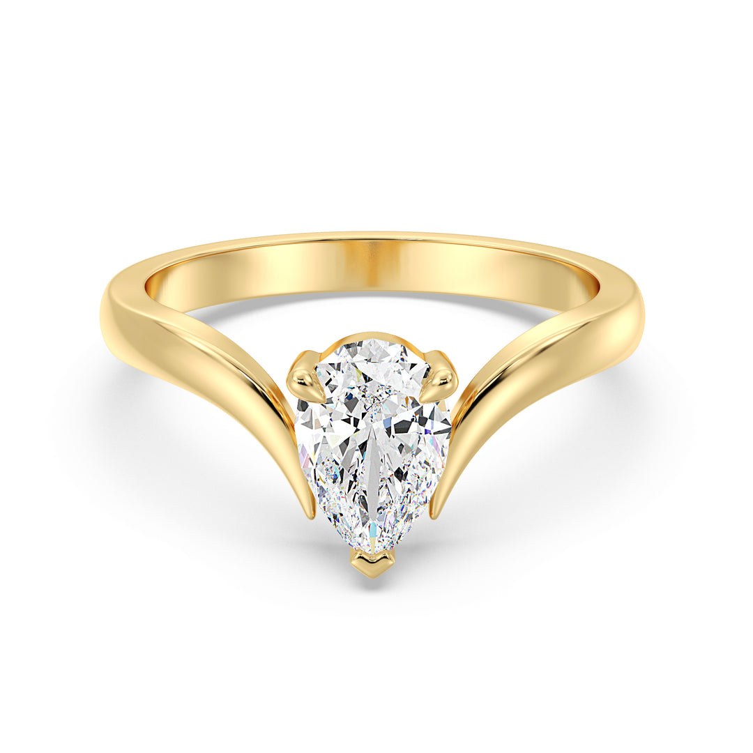 Elegant Pear-Cut Lab-Grown Diamond Solitaire Ring with Curved V-Shaped Band in 18K Yellow Gold, showcasing timeless elegance and brilliance