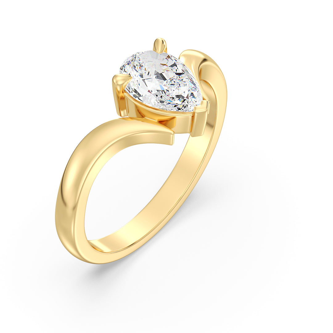 Elegant Pear-Cut Lab-Grown Diamond Solitaire Ring with Curved V-Shaped Band in 18K Yellow Gold, showcasing timeless elegance and brilliance