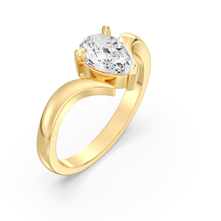 Elegant Pear-Cut Lab-Grown Diamond Solitaire Ring with Curved V-Shaped Band in 18K Yellow Gold, showcasing timeless elegance and brilliance