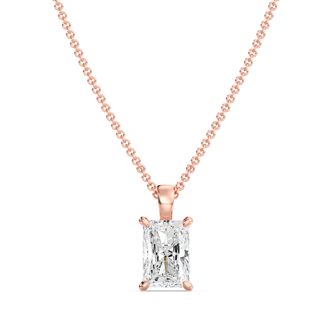 Exquisite Radiant-Cut Lab-Grown Diamond Solitaire Pendant in 18K Rose Gold with a classic 4-prong setting, featuring a sparkling diamond complemented by a romantic rose tone
