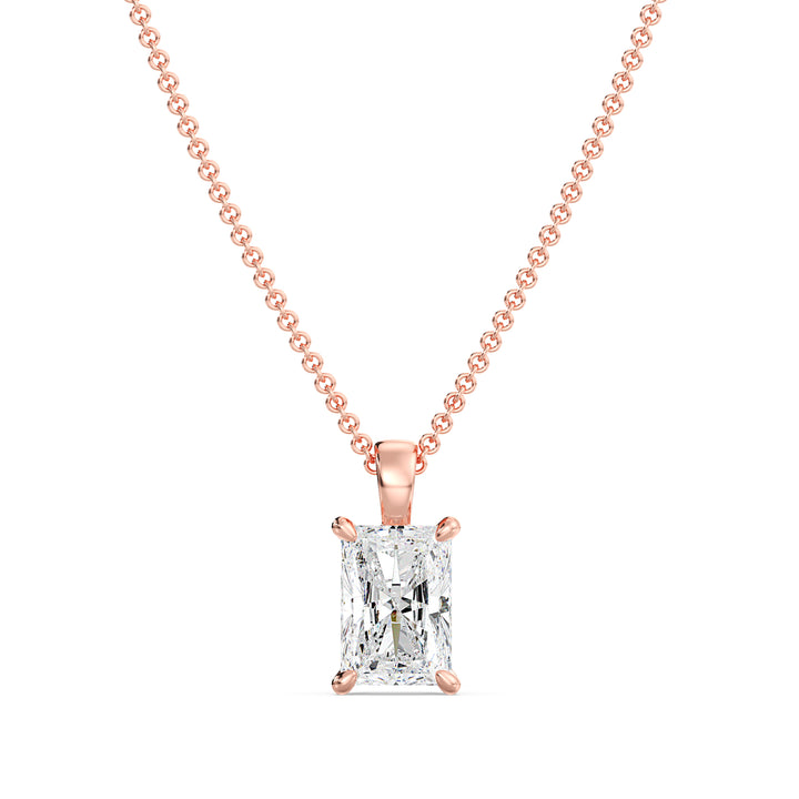 Exquisite Radiant-Cut Lab-Grown Diamond Solitaire Pendant in 18K Rose Gold with a classic 4-prong setting, featuring a sparkling diamond complemented by a romantic rose tone