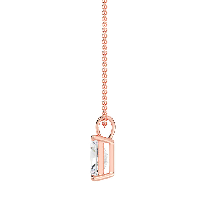 Exquisite Radiant-Cut Lab-Grown Diamond Solitaire Pendant in 18K Rose Gold with a classic 4-prong setting, featuring a sparkling diamond complemented by a romantic rose tone