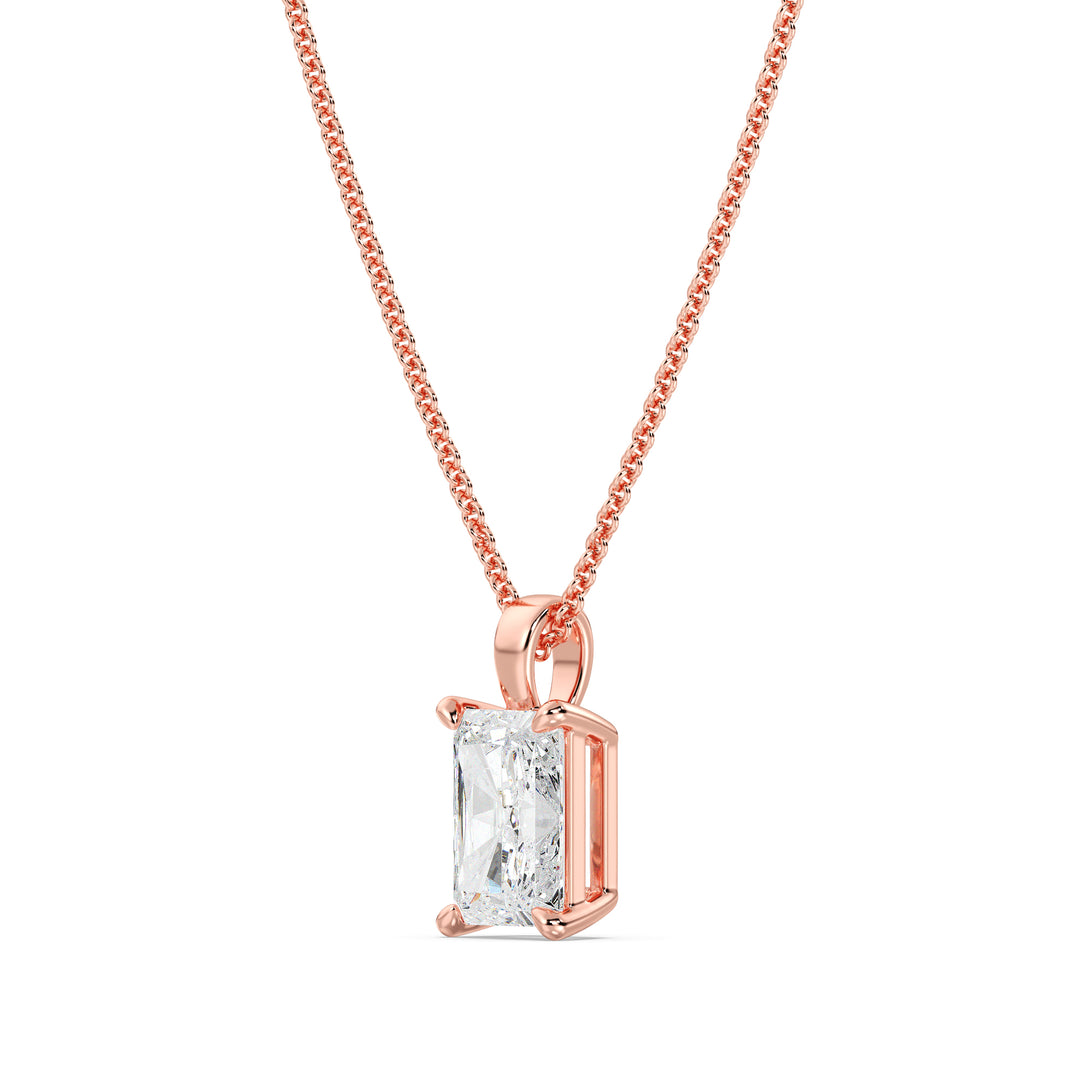 Exquisite Radiant-Cut Lab-Grown Diamond Solitaire Pendant in 18K Rose Gold with a classic 4-prong setting, featuring a sparkling diamond complemented by a romantic rose tone