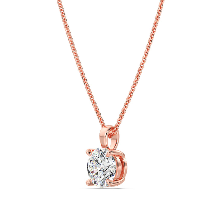 Round-Cut Lab-Grown Diamond Solitaire Pendant in 18K Rose Gold with a classic 4-prong setting, highlighting the elegance of a sparkling lab-grown diamond. Chain not included.