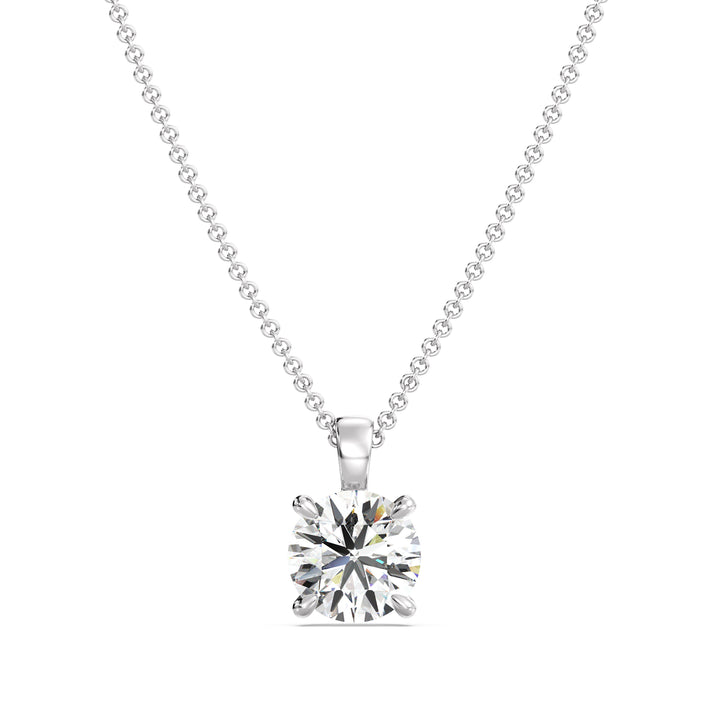 Round-Cut Lab-Grown Diamond Solitaire Pendant in 18K White Gold with a classic 4-prong setting, emphasizing the brilliance of a lab-grown diamond. Chain not included