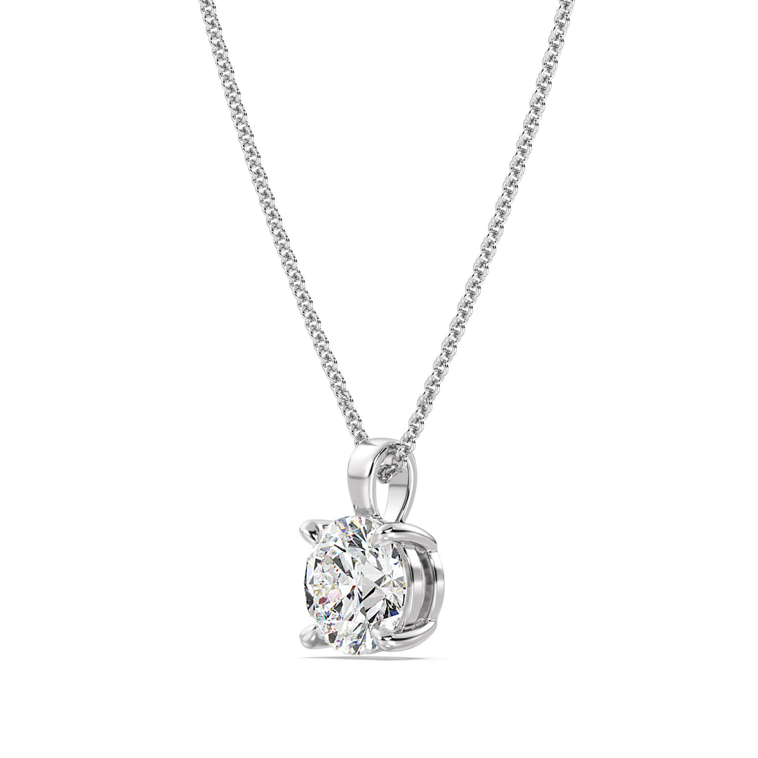 Round-Cut Lab-Grown Diamond Solitaire Pendant in 18K White Gold with a classic 4-prong setting, emphasizing the brilliance of a lab-grown diamond. Chain not included
