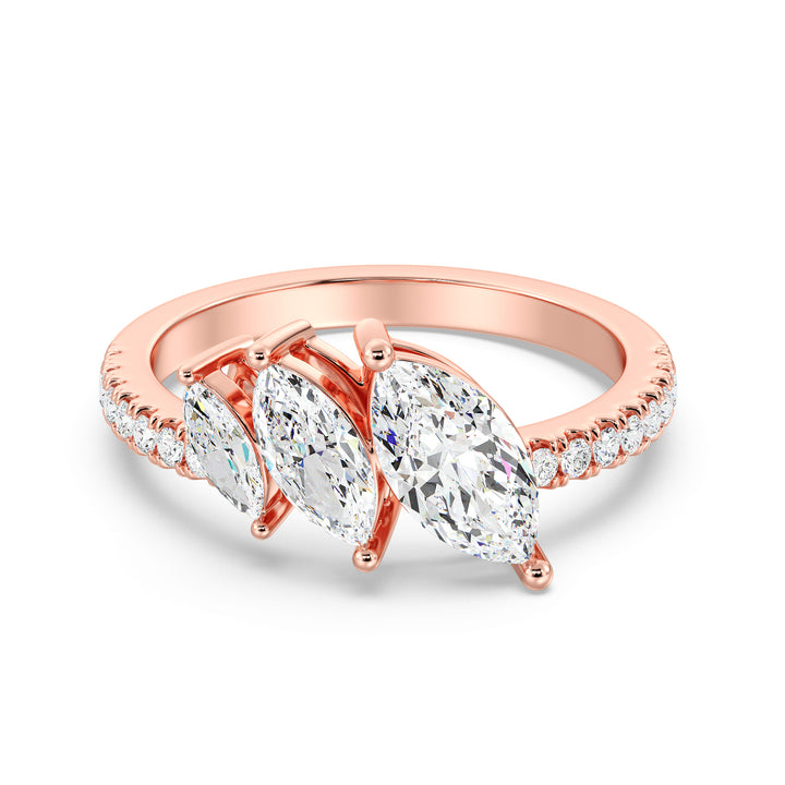Sophisticated Three-Stone Marquise-Cut Lab-Grown Diamond Wedding Ring in 18K Rose Gold, adorned with marquise-cut diamonds and pavé diamond accents