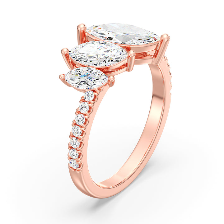 Sophisticated Three-Stone Marquise-Cut Lab-Grown Diamond Wedding Ring in 18K Rose Gold, adorned with marquise-cut diamonds and pavé diamond accents