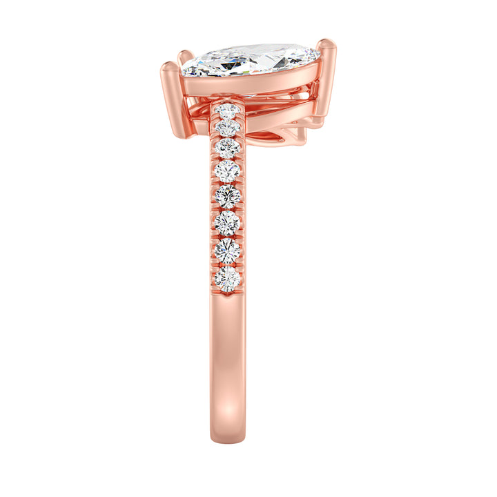 Sophisticated Three-Stone Marquise-Cut Lab-Grown Diamond Wedding Ring in 18K Rose Gold, adorned with marquise-cut diamonds and pavé diamond accents