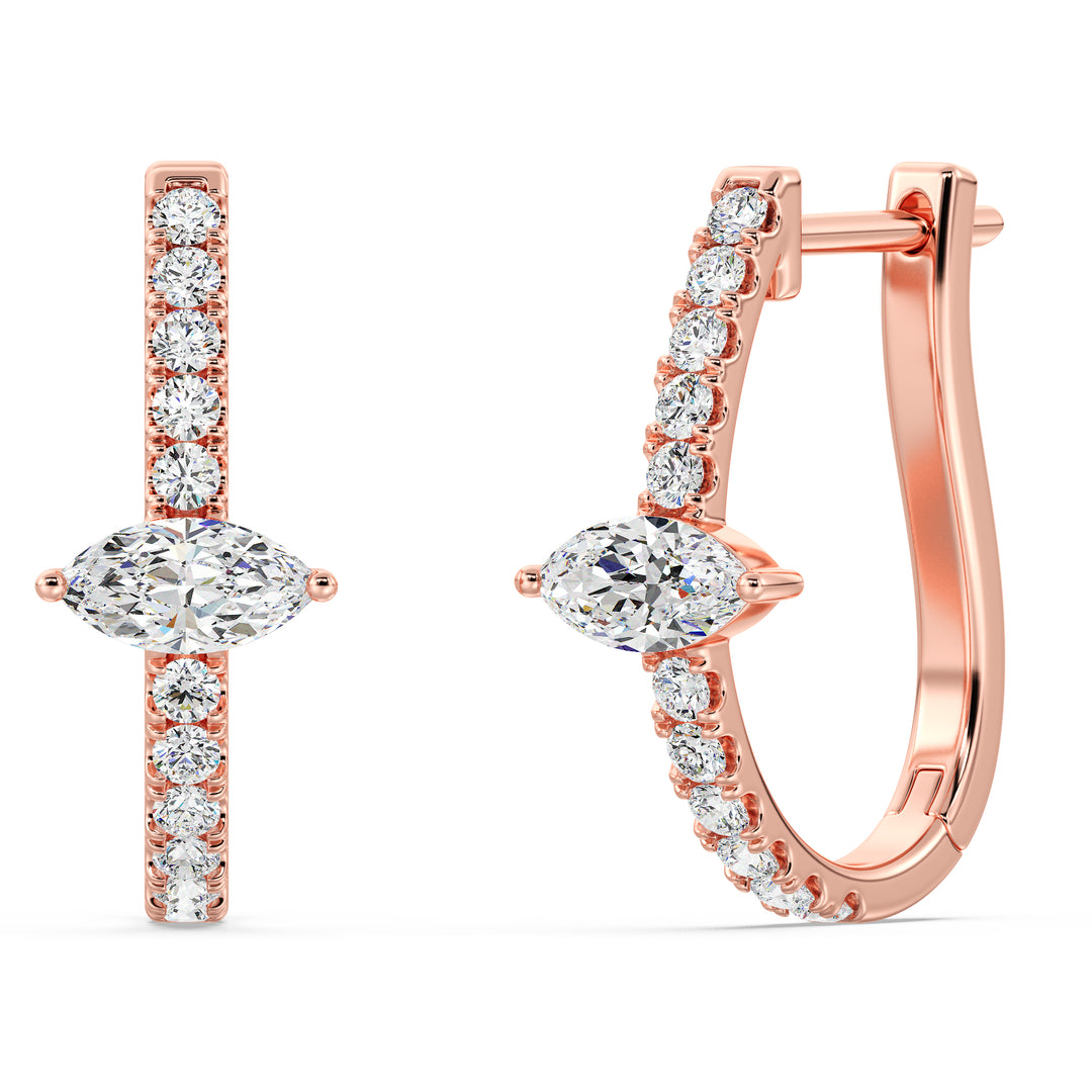 18K Rose Gold Triple Hoop Huggie Earrings embellished with shimmering lab-grown pear and round-cut diamonds, showcasing a warm and elegant design