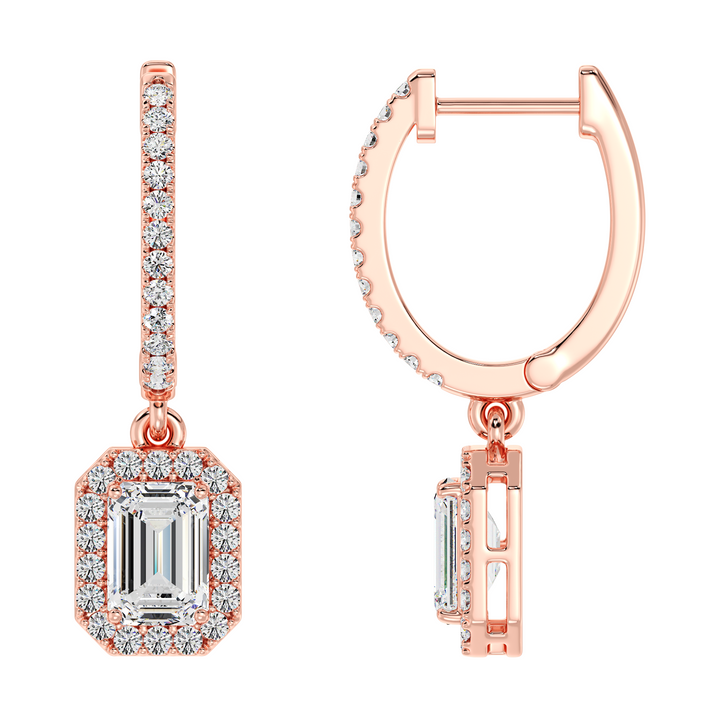 Sophisticated Emerald-Cut Lab-Grown Diamond Halo Hoop Earrings in 18K Rose Gold, adorned with 3.90ct total weight diamonds and a warm, romantic hue