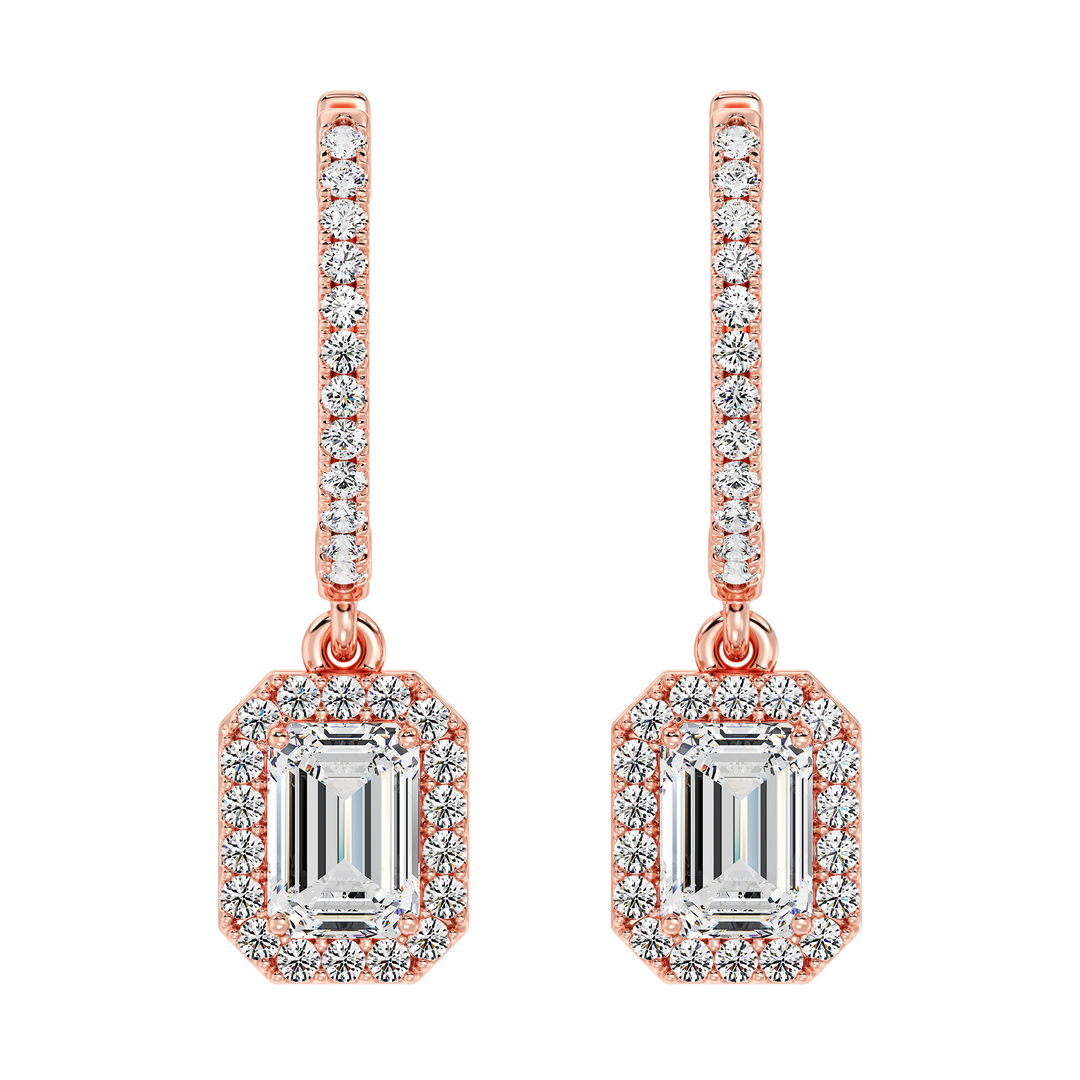 Sophisticated Emerald-Cut Lab-Grown Diamond Halo Hoop Earrings in 18K Rose Gold, adorned with 3.90ct total weight diamonds and a warm, romantic hue