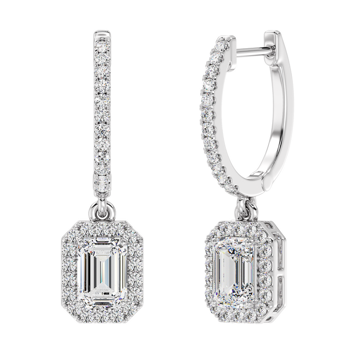 Timeless Emerald-Cut Lab-Grown Diamond Halo Hoop Earrings in 18K White Gold, showcasing 3.90ct total weight diamonds with a sleek and polished design