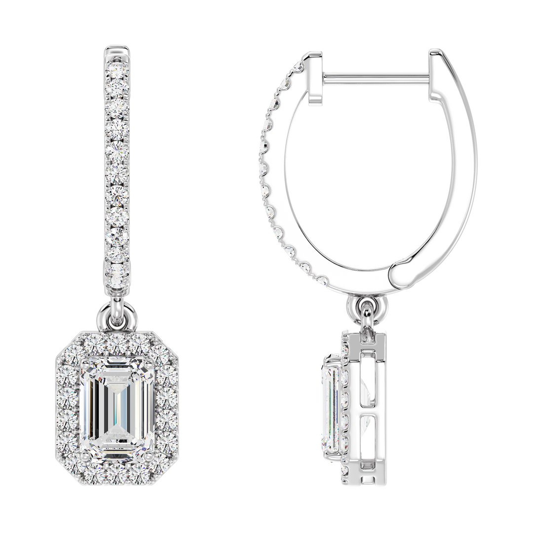 Timeless Emerald-Cut Lab-Grown Diamond Halo Hoop Earrings in 18K White Gold, showcasing 3.90ct total weight diamonds with a sleek and polished design