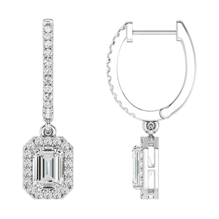 Timeless Emerald-Cut Lab-Grown Diamond Halo Hoop Earrings in 18K White Gold, showcasing 3.90ct total weight diamonds with a sleek and polished design
