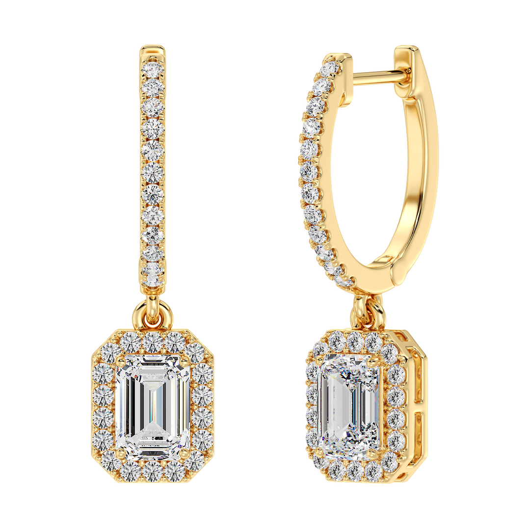 Elegant Emerald-Cut Lab-Grown Diamond Halo Hoop Earrings in 18K Yellow Gold, featuring 3.90ct total weight diamonds with a radiant finish and secure clasp closure