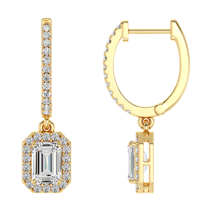 Elegant Emerald-Cut Lab-Grown Diamond Halo Hoop Earrings in 18K Yellow Gold, featuring 3.90ct total weight diamonds with a radiant finish and secure clasp closure