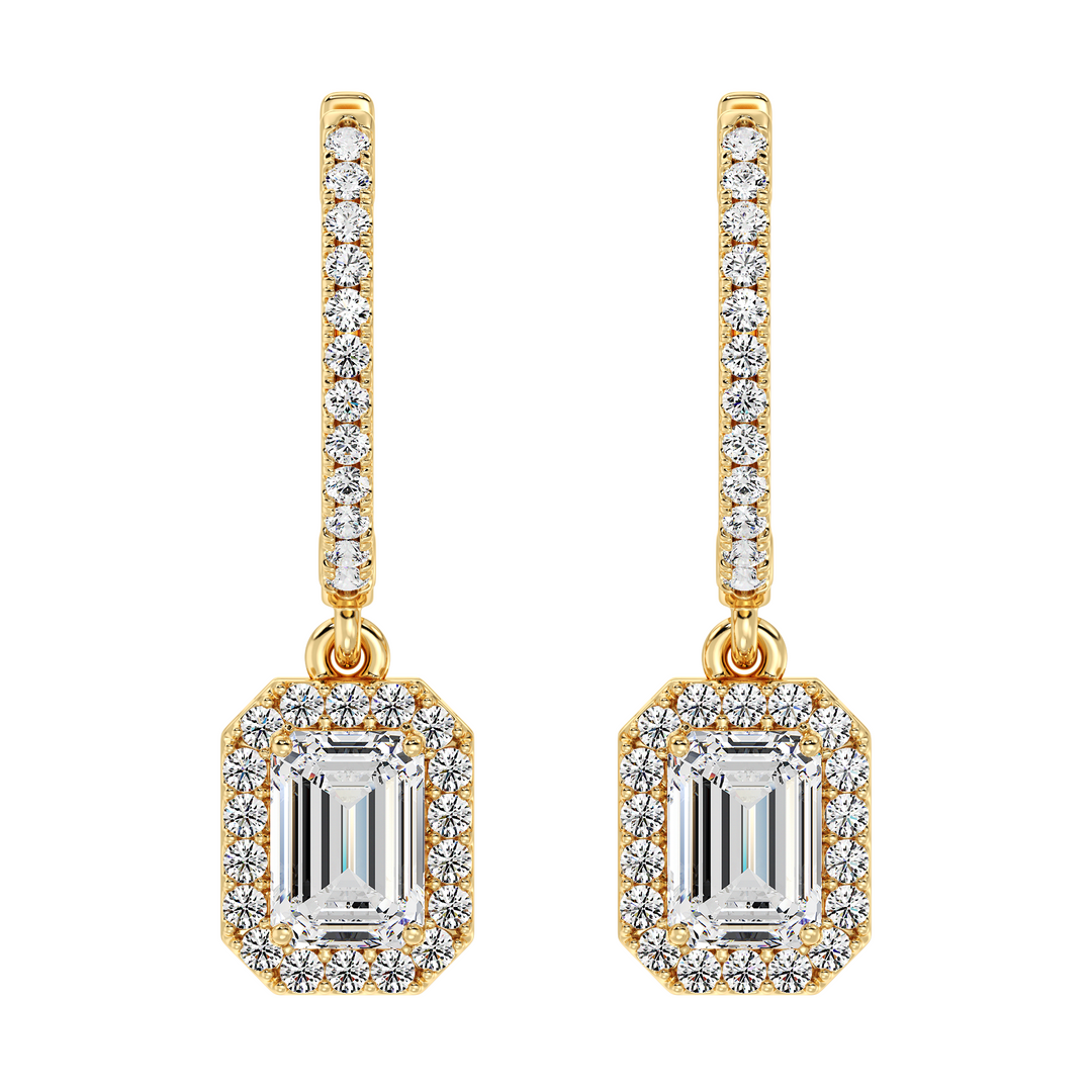 Elegant Emerald-Cut Lab-Grown Diamond Halo Hoop Earrings in 18K Yellow Gold, featuring 3.90ct total weight diamonds with a radiant finish and secure clasp closure