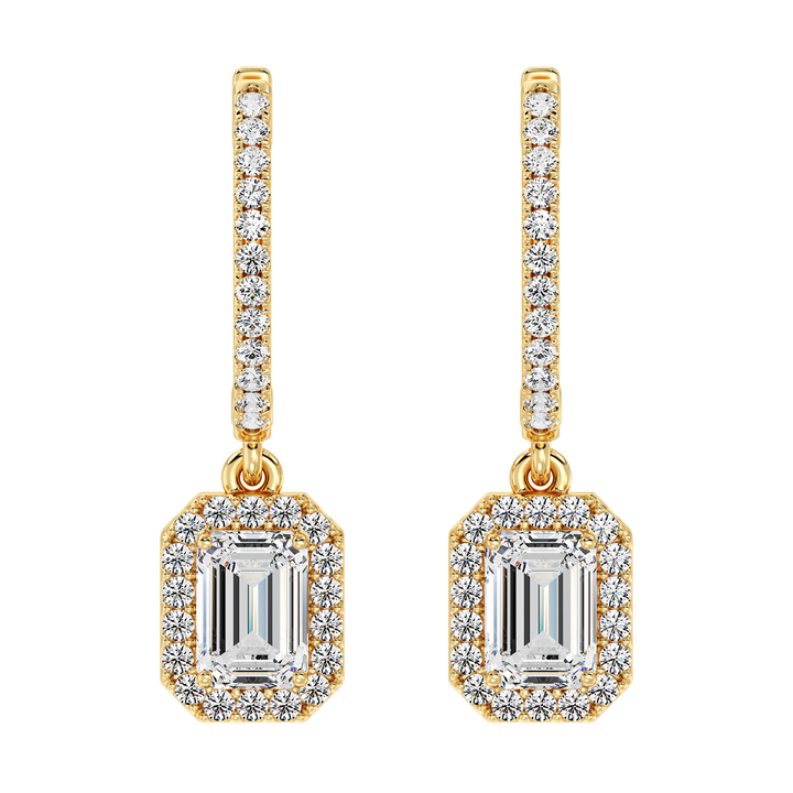 Elegant Emerald-Cut Lab-Grown Diamond Halo Hoop Earrings in 18K Yellow Gold, featuring 3.90ct total weight diamonds with a radiant finish and secure clasp closure