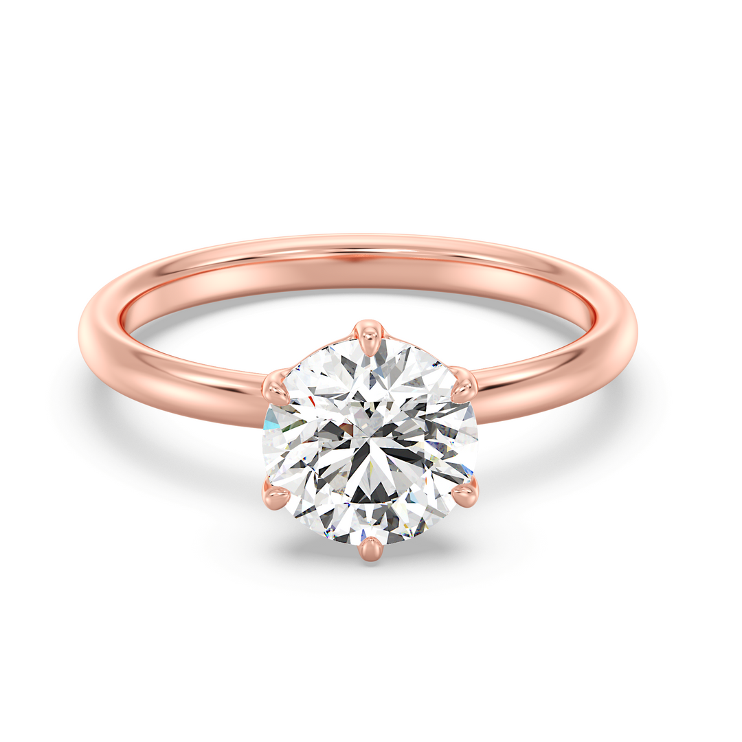 Classic 6-Prong Round Lab-Grown Diamond Solitaire Engagement Ring in 18K Rose Gold, showcasing a brilliant round-cut diamond with EF color and VS clarity.