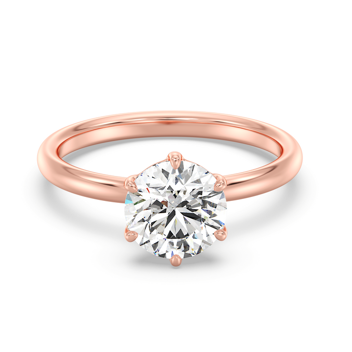 Classic 6-Prong Round Lab-Grown Diamond Solitaire Engagement Ring in 18K Rose Gold, showcasing a brilliant round-cut diamond with EF color and VS clarity.