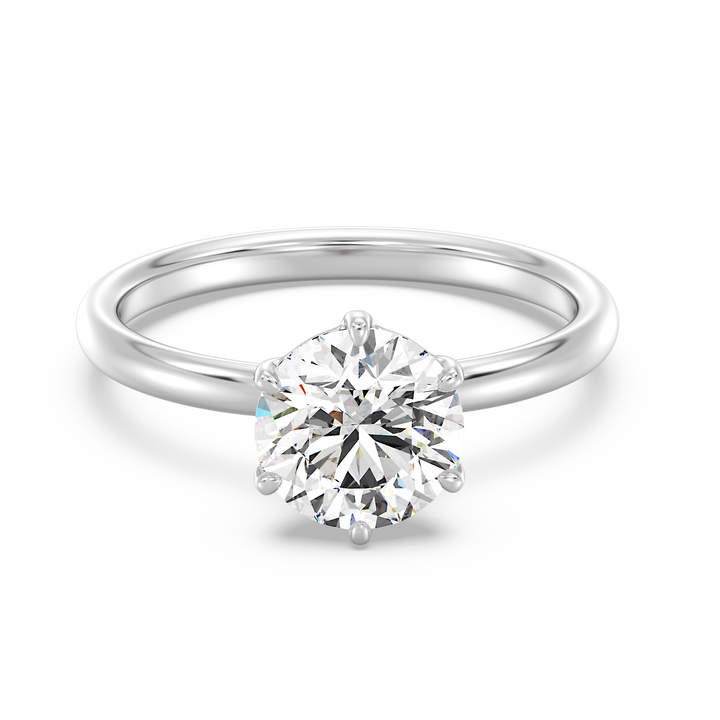 Classic 6-Prong Round Lab-Grown Diamond Solitaire Engagement Ring in 18K White Gold, highlighting a stunning round-cut diamond with EF color and VS clarity