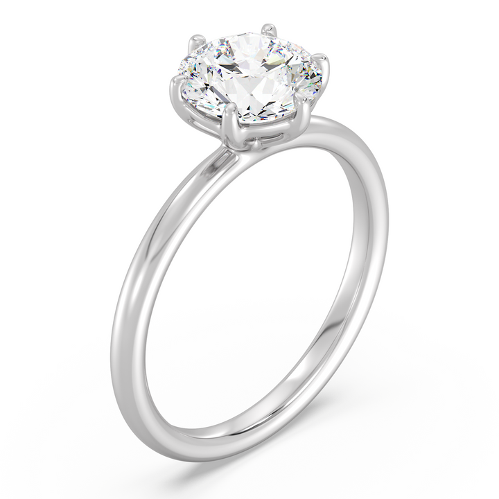 Classic 6-Prong Round Lab-Grown Diamond Solitaire Engagement Ring in 18K White Gold, highlighting a stunning round-cut diamond with EF color and VS clarity