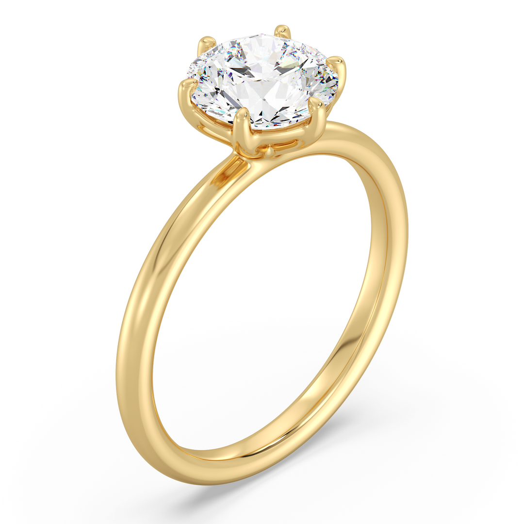 Classic 6-Prong Round Lab-Grown Diamond Solitaire Engagement Ring in 18K Yellow Gold, featuring a dazzling round-cut diamond with EF color and VS clarity