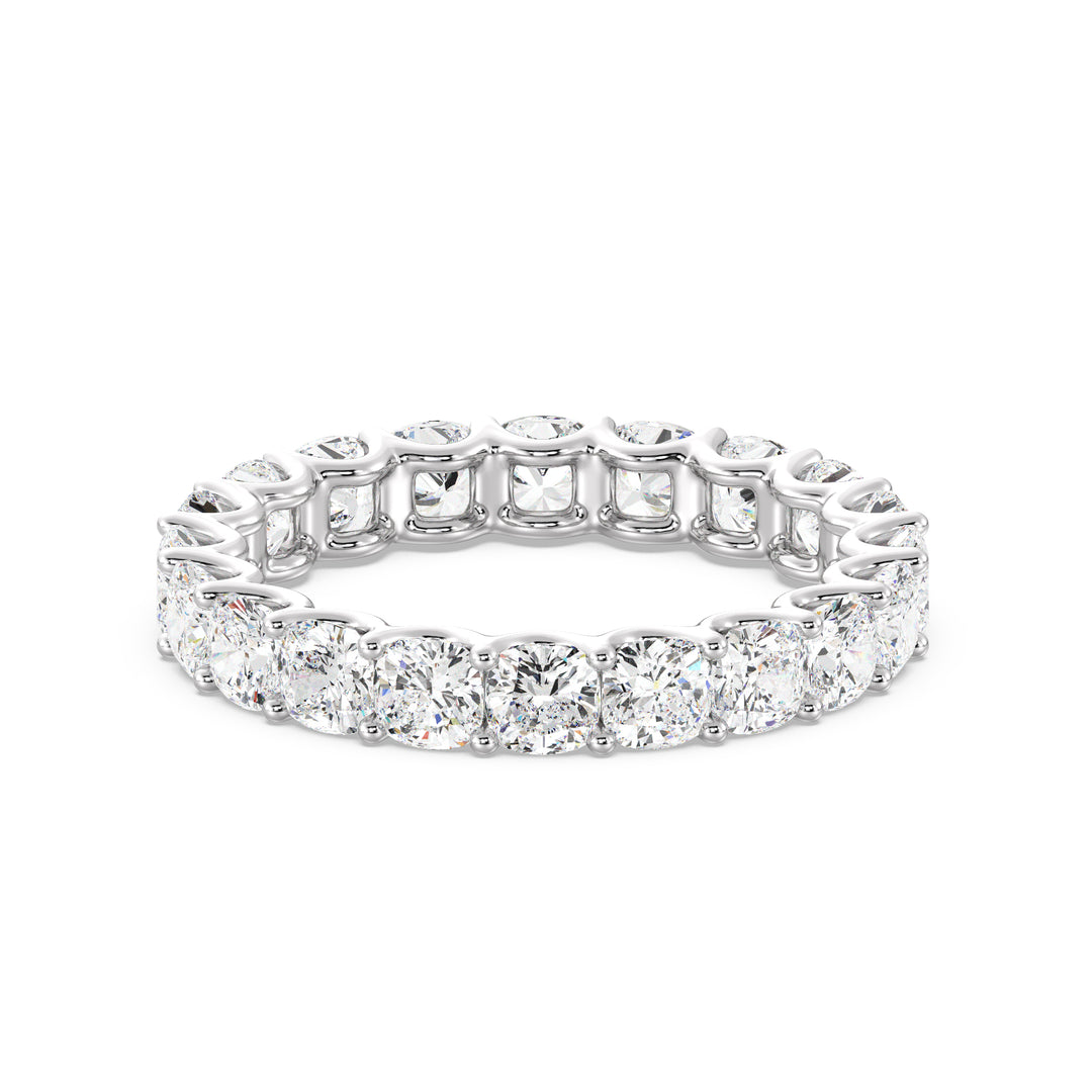Lab-Grown Cushion-Cut Diamond Scallop Eternity Band in 18K White Gold, adorned with 20 sparkling EF/VS diamonds in a classic scalloped design