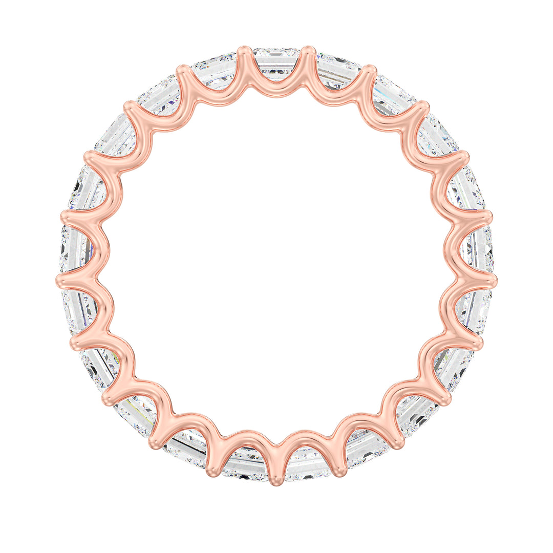 Lab-Grown Emerald-Cut Diamond Scallop Eternity Band in 18K Rose Gold, showcasing 21 emerald-cut diamonds in a shared prong setting with a delicate scalloped design