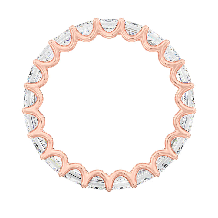 Lab-Grown Emerald-Cut Diamond Scallop Eternity Band in 18K Rose Gold, showcasing 21 emerald-cut diamonds in a shared prong setting with a delicate scalloped design