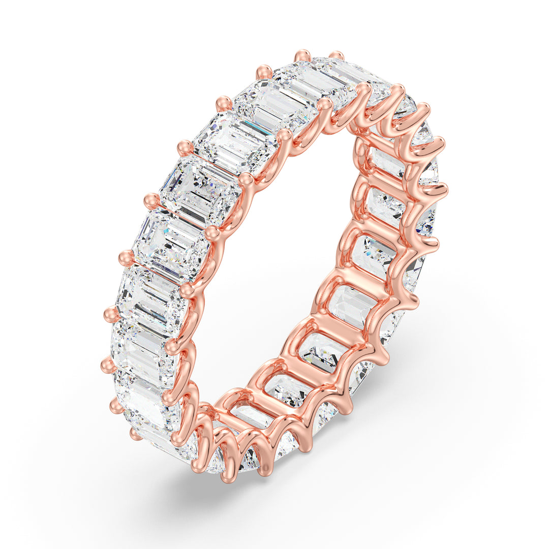 Lab-Grown Emerald-Cut Diamond Scallop Eternity Band in 18K Rose Gold, showcasing 21 emerald-cut diamonds in a shared prong setting with a delicate scalloped design