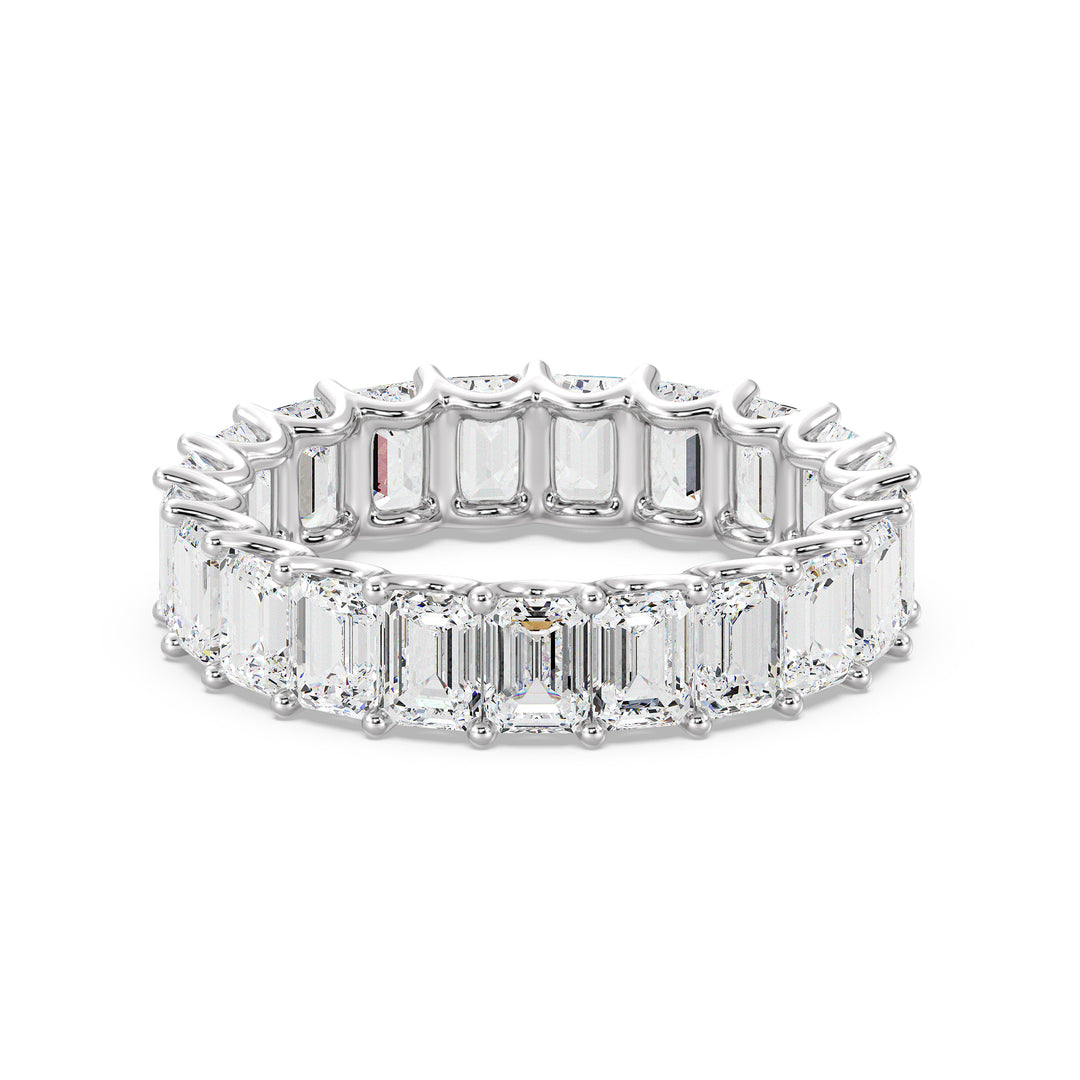Lab-Grown Emerald-Cut Diamond Scallop Eternity Band in 18K White Gold, adorned with 21 emerald-cut diamonds in a shared prong setting and scalloped side profile