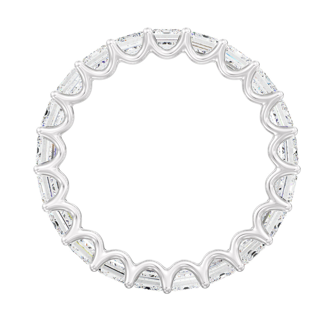 Lab-Grown Emerald-Cut Diamond Scallop Eternity Band in 18K White Gold, adorned with 21 emerald-cut diamonds in a shared prong setting and scalloped side profile