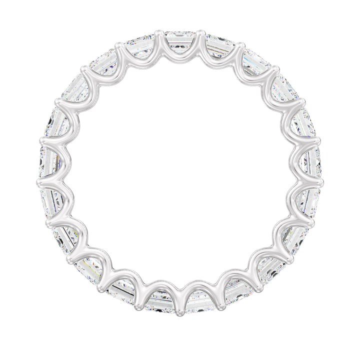 Lab-Grown Emerald-Cut Diamond Scallop Eternity Band in 18K White Gold, adorned with 21 emerald-cut diamonds in a shared prong setting and scalloped side profile